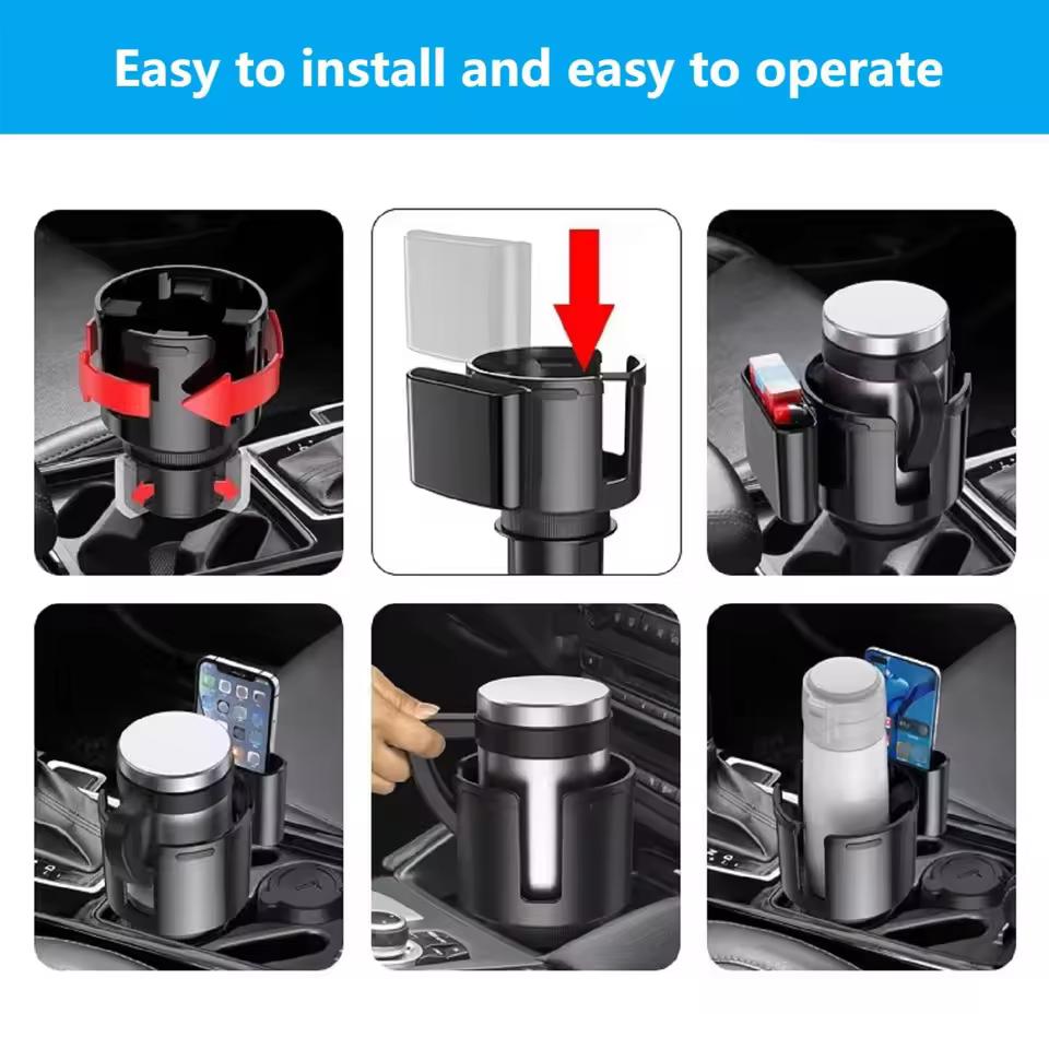 Car Cup Holder Expander & Organizer – Multipurpose Expandable Cupholder Adapter with Phone Holder